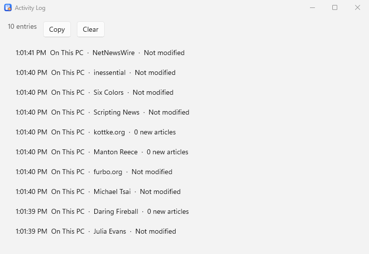 The Activity Log window, listing each feed’s refresh result with the time, such as “Not modified” or “0 new articles”.