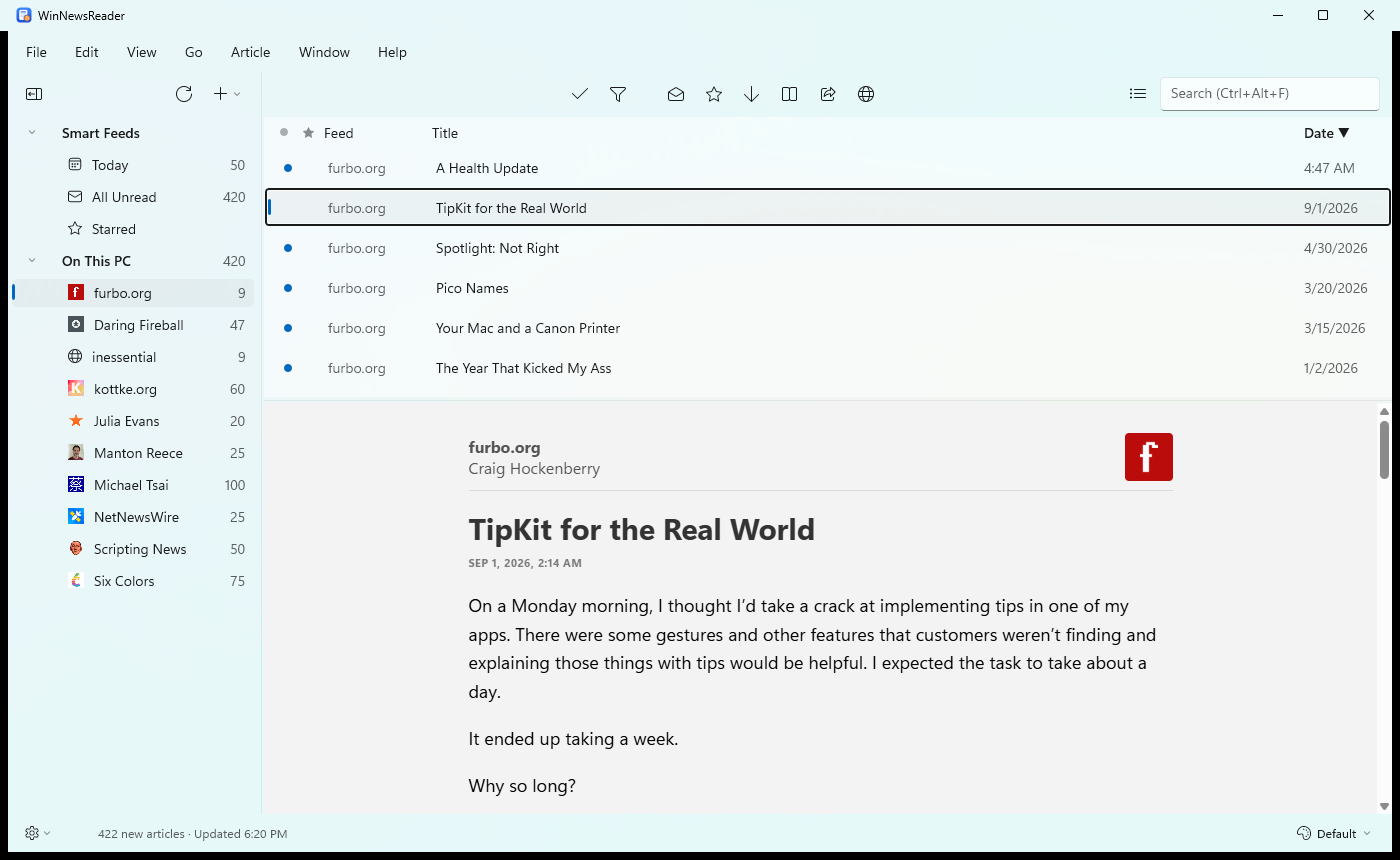 The timeline as a table with the columns Feed, Title and Date, sorted by Date, newest first, next to the selected article.