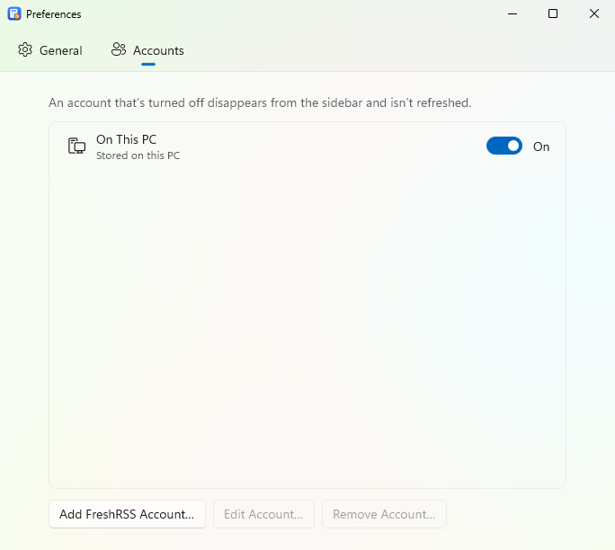 The Accounts preferences, listing the On This PC account with an On switch, and the Add, Edit and Remove buttons below.