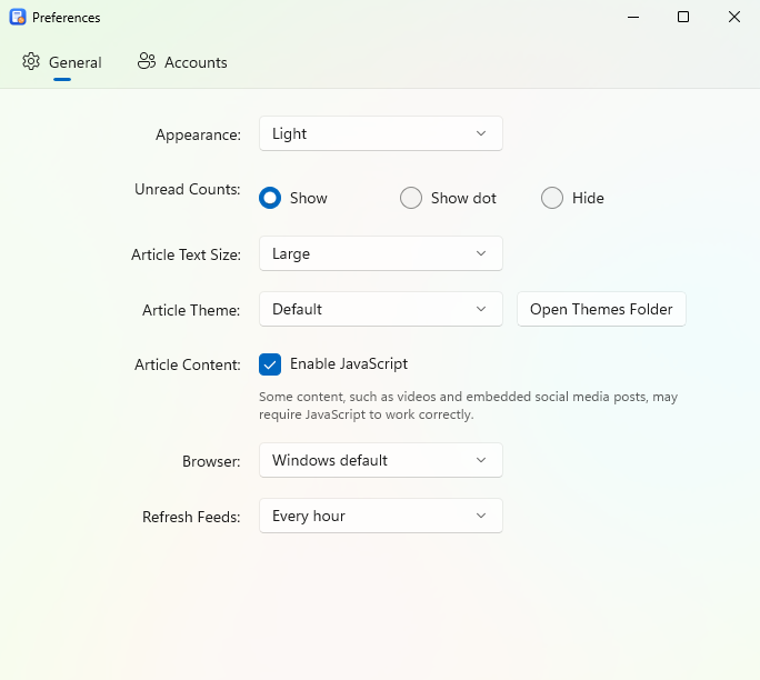 The General preferences: Appearance, Unread Counts, Article Text Size, Article Theme, Article Content, Browser and Refresh Feeds.