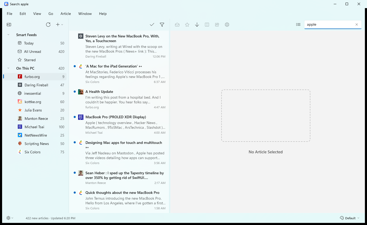 The search box containing “apple”, and the timeline showing matching articles from several feeds.