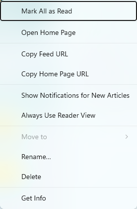 The gear menu for a selected feed: Mark All as Read, Open Home Page, Copy Feed URL, Copy Home Page URL, Show Notifications for New Articles, Always Use Reader View, Move to, Rename, Delete and Get Info.