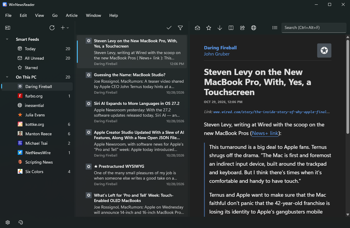 The WinNewsReader window in Dark appearance, with a dark sidebar, timeline and article.