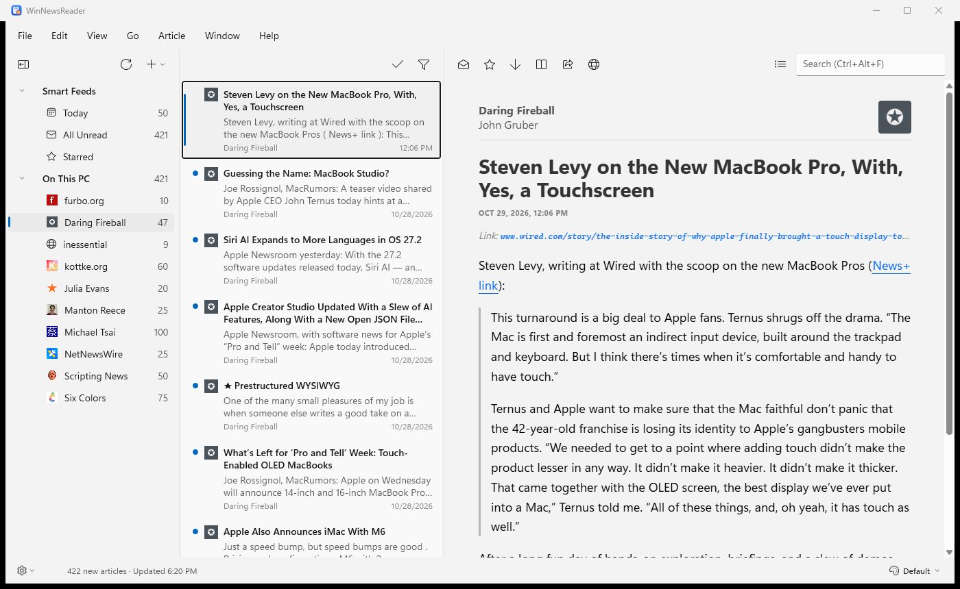 The WinNewsReader window: a sidebar of feeds, a timeline of articles from Daring Fireball, and the selected article.